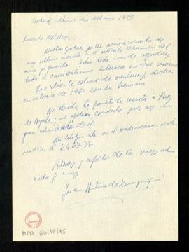 Carta de Juan Antonio de Zunzunegui Loredo a Melchor Fernández Almagro en la que le agradece su r...