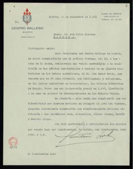 Carta de Costantino Lobo, presidente del Centro Gallego de Madrid, a Julio Casares sobre la velad...