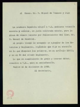 Copia sin firma del oficio del secretario [Emilio Cotarelo] a Miguel de Unamuno de su elección co...
