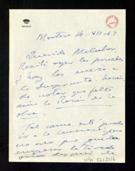 Carta de Gabriel Maura a Melchor Fernández Almagro en la que le dice que recibió las pruebas y la...