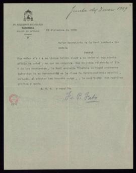 Carta de Pedro Fabo al secretario en la que acusa recibo de su nombramiento como académico corres...