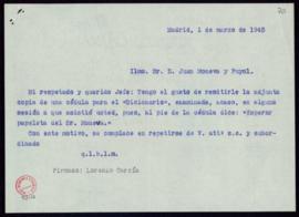 Minuta de la carta de Lorenzo García a Juan Moneva y Puyol con la que le remite una copia de una ...