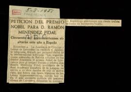 Recorte del diario ABC con la noticia Petición del premio Nobel para D. Ramón Menéndez Pidal