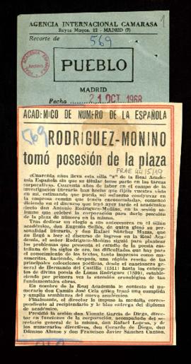 Recorte del diario Pueblo con el artículo titulado Rodríguez-Monino [Moñino] tomó posesión de la ...