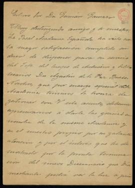 Carta a Germán Gamazo de agradecimiento por haber gestionado que la Academia dispusiera de los se...