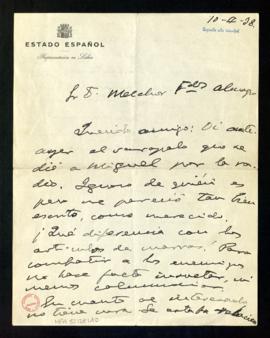 Carta de Gabriel Maura Gamazo a Melchor Fernández Almagro en la que le dice que ha escuchado por ...