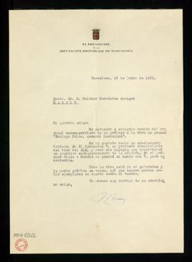 Carta del marqués de Castell-Florite, presidente de la Diputación provincial de Barcelona, a Melc...