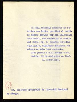 Copia sin firma del oficio del secretario al delegado provincial de Educación Nacional de Málaga ...