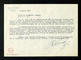 Carta de José María Vergés a Melchor Fernández Almagro en la que le pide que reseñe en ABC su nov...