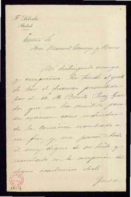 Carta de Fran[cisco] Silvela al secretario, Manuel Tamayo y Baus, en la que comunica que juzga po...