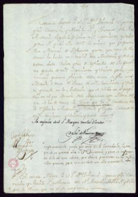 Orden del marqués de Villena del abono a Vincencio Squarzafigo de 5733 reales y 6 maravedís por d...