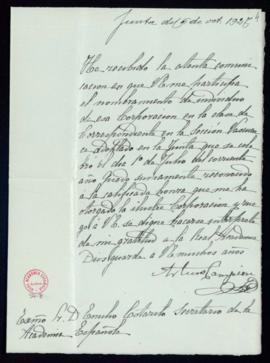 Carta de Arturo Campión a Emilio Cotarelo en la que acusa recibo de su nombramiento de académico ...