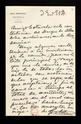Carta de Antonio Maura a Emilio Cotarelo en el que le indica que la contestación del duque de Alb...