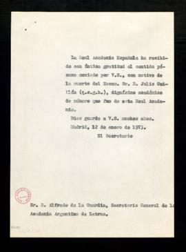 Copia sin firma del oficio del secretario a Alfredo de la Guardia, secretario general de la Acade...