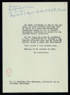 Copia sin firma del oficio del secretario a Porfirio Díaz Machicao, secretario de la Academia Bol...