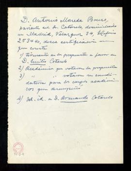 Nota manuscrita con los datos de Antonio Maseda Bouzo, solicitante de las certificaciones de los ...