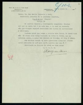 Carta de C. F. Adolf van Dam a Emilio Cotarelo en la que le agradece la suya y le pide un ejempla...