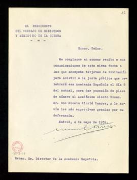 Carta de Manuel Azaña, presidente del Consejo de Ministros y ministro de la Guerra, al director e...