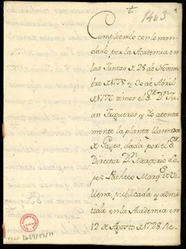 Dictamen de Ignacio de Hermosilla encomendado por la Academia el 28 de noviembre de 1775 sobre la...
