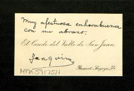 Tarjeta del conde del Valle de San Juan en la que da la enhorabuena a Melchor Fernández Almagro