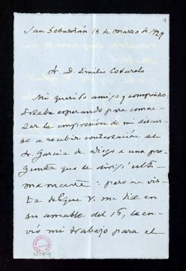 Carta de Julio de Urquijo a Emilio Cotarelo de respuesta a la suya del 16 [de marzo], por lo que ...