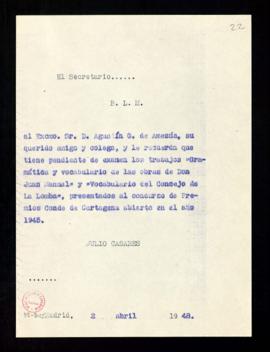 Copia del besalamano del secretario a Agustín G. de Amezúa de recordatorio de los trabajos presen...