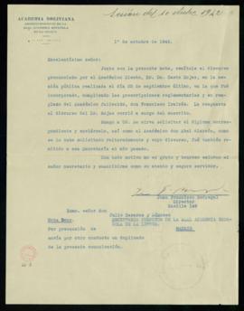 Carta de Juan Francisco Bedregal, director de la Academia Boliviana, a Julio Casares con la que l...