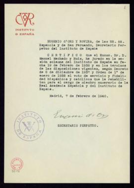 Certificación de Eugenio d'Ors, secretario del Instituto de España, de la jura de Manuel Machado ...