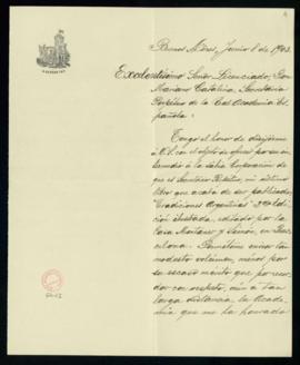 Carta de Pastor S. Obligado a Mariano Catalina en la que ofrece el envío de un ejemplar de su lib...