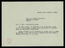 Copia de la carta de Julio Casares a Marcel Bataillon en la que le traslada elagradecimiento por ...