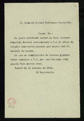 Copia sin firma del oficio del secretario [Emilio Cotarelo] a José Rodríguez Carracido de traslad...