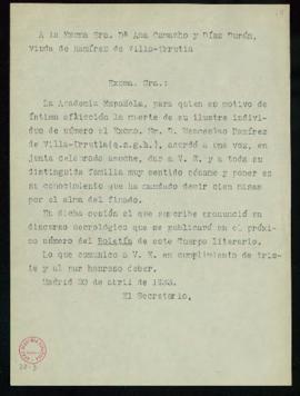 Copia sin firma del oficio de pésame del secretario [Emilio Cotarelo] a Ana Camacho y Díaz Durán,...