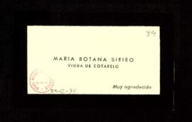 Tarjeta de visita de María Botana Sieiro, viuda de Cotarelo, con el texto de muy agradecida