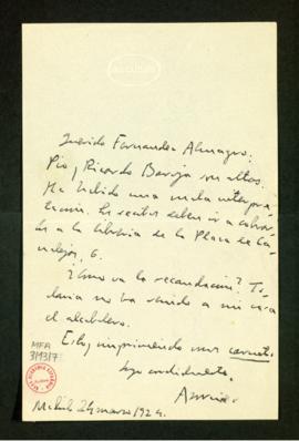 Carta de Azorín a Melchor Fernández Almagro en la que le dice que Pío y Ricardo Baroja deben ir a...