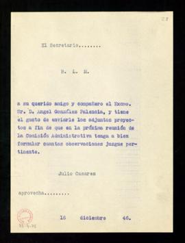 Copia del besalamano del secretario a Ángel González Palencia con el que le envía unos proyectos ...