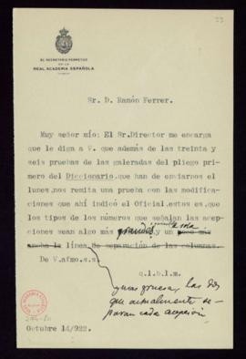 Minuta de la carta del secretario a Ramón Ferrer en la que le pide que envíe una prueba con las m...
