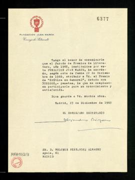 Oficio de Alejandro Bérgamo, secretario del Patronato de la Fundación Juan March, a Melchor Ferná...