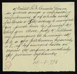 Minuta de la carta de  Emilio Cotarelo al conde de Gimeno en la que le indica que puede tener las...