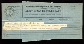 Telegrama de pésame de José María Nemesio Otaño director del Real Conservatorio por el fallecimie...