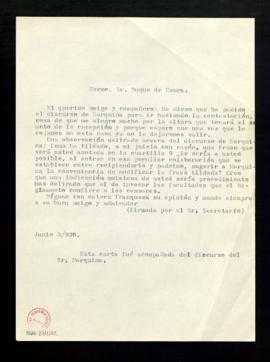 Minuta de la carta del secretario al duque de Maura con una observación delicada sobre el discurs...