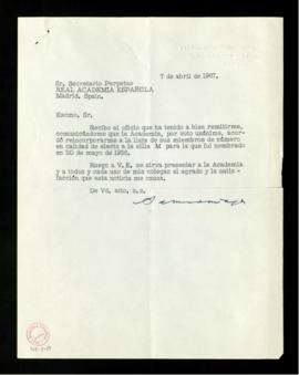Carta de Salvador de Madariaga a Rafael Lapesa en la que acusa recibo de su carta y expresa la gr...