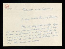 Carta de M.ª Luisa Carsi a Melchor Fernández Almagro en la que le informa de que ha recibido la t...