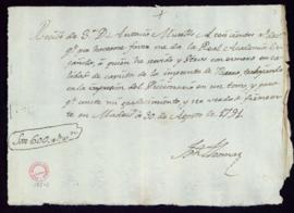 Recibo de José Tomás de 600 reales de vellón por su labor como copista de la imprenta de Ibarra e...