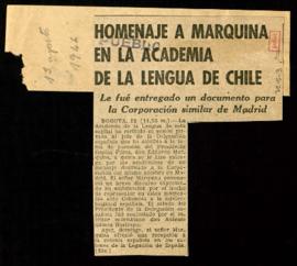 Recorte del diario Pueblo con la noticia Homenaje a Marquina en la Academia de la Lengua de Chile
