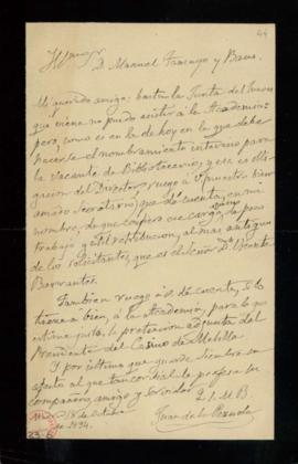 Carta de Juan de la Pezuela al secretario, Manuel Tamayo y Baus, en la que le ruega que dé cuenta...