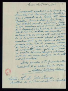 Carta de Antolín Gutiérrez Cuñado al secretario, Julio Casares, en la que acusa recibo de su nomb...
