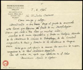 Carta de Resurrección María de Azkue a Julio Casares con los títulos que aparecen al frente de su...