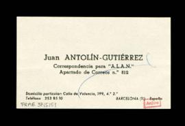 Tarjeta de visita de Juan Antolín-Gutiérrez en la que expresa su pésame a la Academia por el fall...