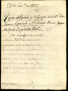 Copia del título de impresor de la Academia a Andrés Ponce, regente de la Imprenta Real