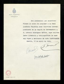 Propuesta de Antonio Rodríguez Moñino como individuo correspondiente de la región de Extremadura